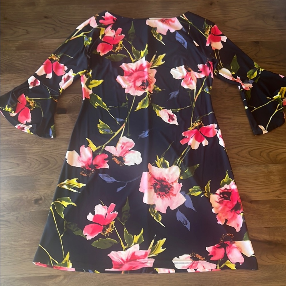 Tommy Hilfiger Black Floral Shift Dress with Pink & Green Accents